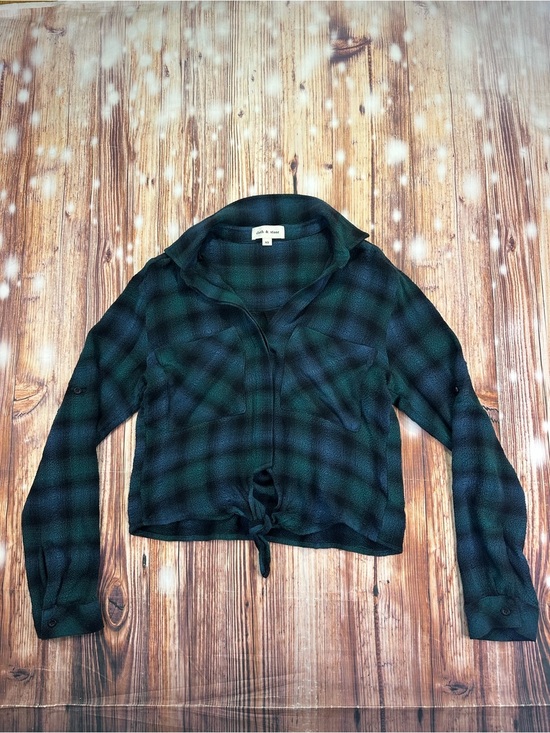cloth & stone Tops - Cloth & Stone Sapphire Plaid Tie Front Shirt Green Blue Size XS